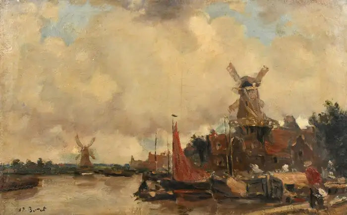 Dutch Canal Landscape with Windmills